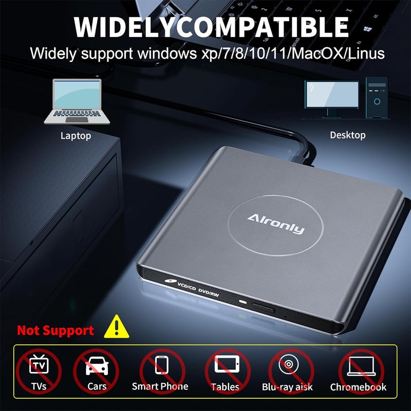 Alronly External CD/DVD Drive for Laptop/PC, USB 3.0 Type-C USB Portable Alloy Player for Computer CD DVD +/-RW Disk Drive CD Burner Writer Reader Compatible with Desktop Windows Apple Linux (F03) - Image 5